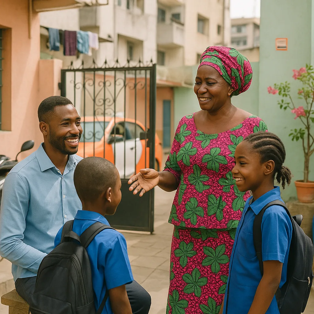 Une famille ivoirienne échange avec une éducatrice dans une cour d'Abidjan.